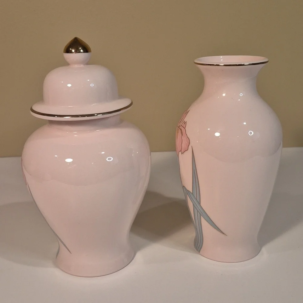 YAMA JI Vintage 80s Pink Floral Vase And Matching Lidded Ginger Jar Set - Picture 5 of 16